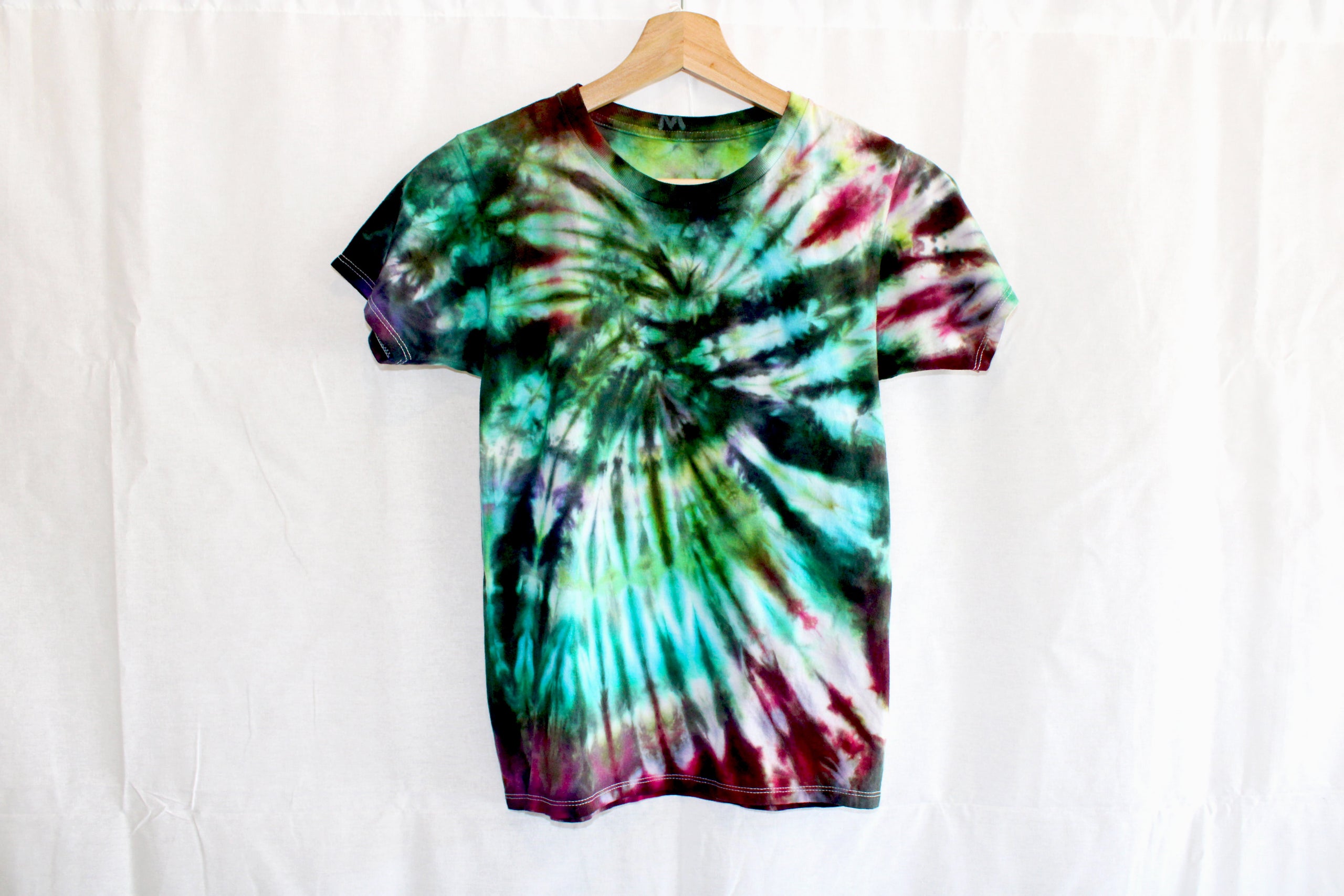 Adult Medium Doi Blue, Red, Green and Purple Ice Dyed Muck Dye Spiral Tie Dye Shirt — Fun Endeavors Tie Dye Lab